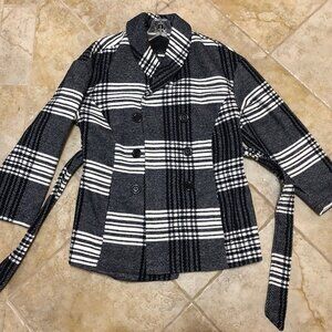 JOUJOU Women's Wool Plaid Belted Trench - Navy Blue & White - Size Small